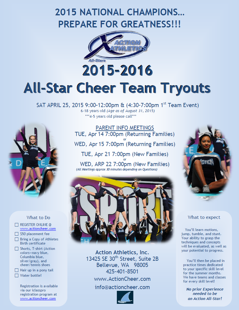 2015-2016 Action Athletics, Inc., Tryout Flyer